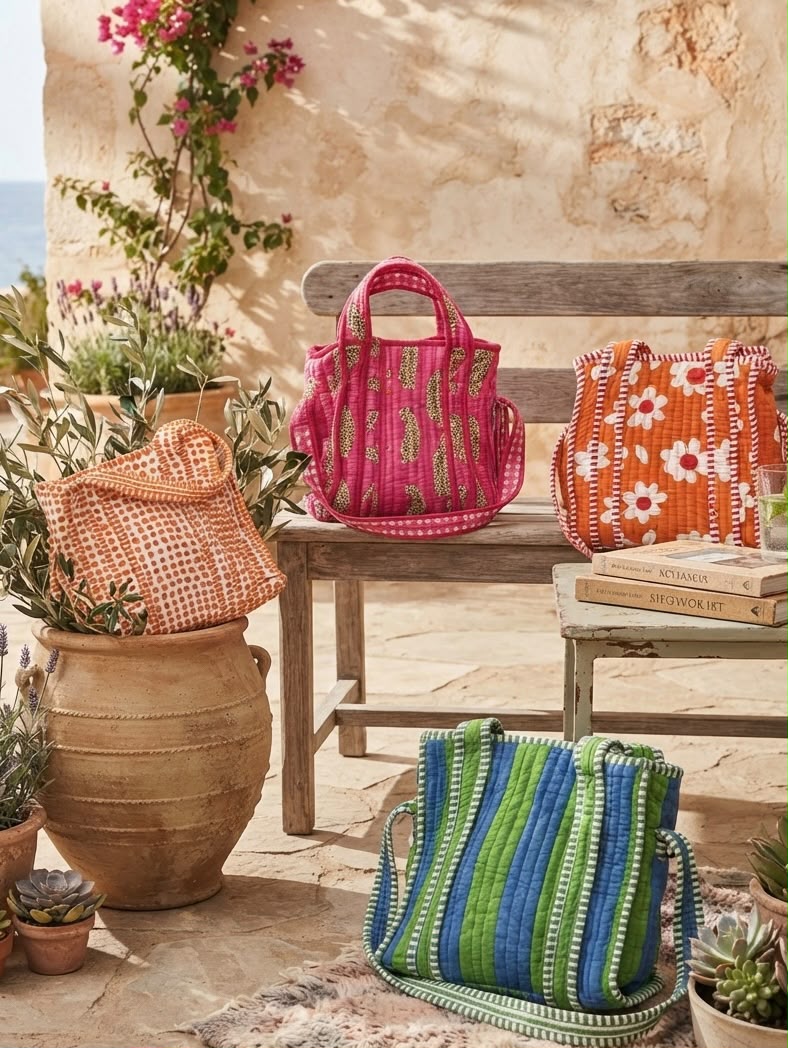 Colourful Jaipur courtyard with handmade block-print bags