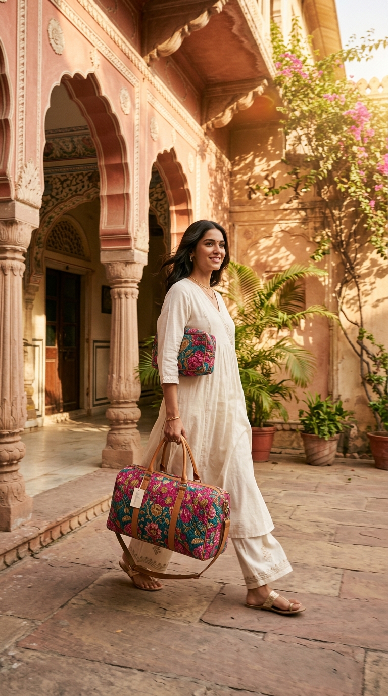 Social media video reel ad showing Jaipur courtyard and floral duffle bag