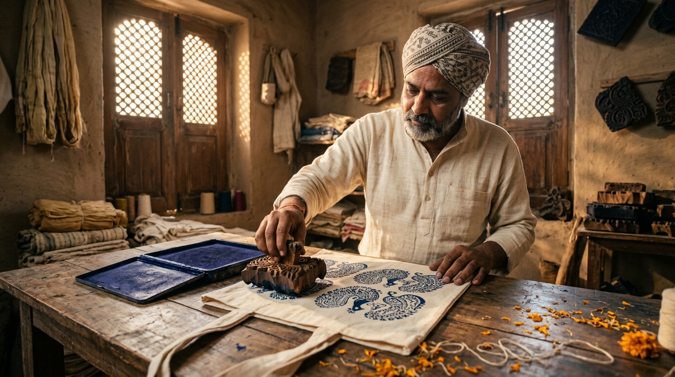 Cinema commercial ad showing master Jaipur artisan stamping peacock woodblock
